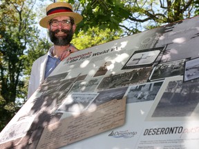 Paul Robertson, chairman of the Deseronto Archives Board, stand beside a new plaque in Rathbun Park commemorating the town's First World War history on Saturday June 10, 2017 in Deseronto, Ont. Tim Miller/Belleville Intelligencer/Postmedia Network