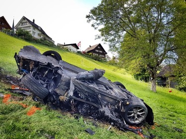 This photo issued by Freuds shows the car that was involved in a crash where Richard Hammond escaped serious injury, in Switzerland, Saturday June 10, 2017. The makers of Amazon's car-themed TV show "The Grand Tour" say presenter Richard Hammond has been in a serious crash while filming in Switzerland, but has escaped serious injury. (Freuds via AP)