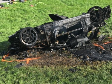 This photo issued by Freuds shows the car that was involved in a crash where Richard Hammond escaped serious injury, in Switzerland, Saturday June 10, 2017. The makers of Amazon's car-themed TV show "The Grand Tour" say presenter Richard Hammond has been in a serious crash while filming in Switzerland, but has escaped serious injury. (Freuds via AP)