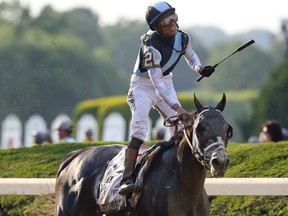 Jose Ortiz leads Tapwrit to victory at the 149th Belmont Stakes after 
passing Irish War Cry yesterday. The Associated Press