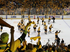 Fans cheer as the Predators celebrate defeating the Penguins in Game 4 of the Stanley Cup final at Bridgestone Arena in Nashville on June 5, 2017. (Patrick Smith/Getty Images)