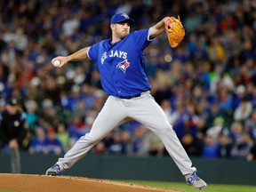 Blue Jays starting pitcher Joe Biagini works in the first inning against the Mariners during MLB action in Seattle on Friday, June 9, 2017. (John Froschauer/AP Photo)