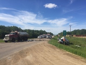 On June 10, 2017 at approximately 4:00 p.m., Boyle RCMP responded to a head on collision involving two vehicles on Highway 831, 5kms south of Boyle. A semi water truck was heading southbound when it collided head on with a northbound E-350 Van that had crossed the centre line of the highway. The van then veered into a ditch after the collision.