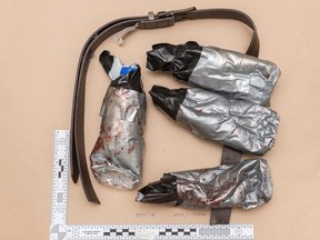 An undated handout photo issued by the Metropolitan Police, London, and made available on Sunday June 11, 2017 of a fake suicide belt worn by one of the London Bridge attackers in the attacks of Saturday June 3 which killed several people and wounded dozens more. (Metropolitan Police London via AP)