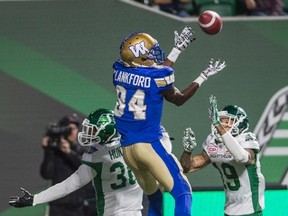 Winnipeg Blue Bombers wide receiver Ryan Lankford (84) catches a pass for a touchdown over Saskatchewan Roughriders defensive back Tyler Hunter (30) and defensive back Mark Roberts (19) during second half CFL football action in Regina on Saturday, June 10, 2017. THE CANADIAN PRESS/Rick Elvin
