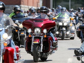 Bikers roar out of Market Square as the Ride for Hunger Motorcycle Charity Ride hits the road on Sunday June 11, 2017 in Belleville, Ont. The annual ride raises funds for Gleaners Food Bank. Tim Miller/Belleville Intelligencer/Postmedia Network