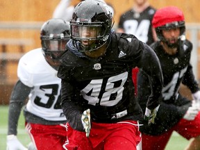 Redblacks’ linebacker hopeful Kevin Pierre-Louis sprints toward the ball at a team practice at TD Place. He is a distant relative of the more famous Kevin Pierre-Louis from the NFL. (Julie Oliver, Postmedia)