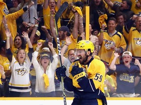 Roman Josi of the Nashville Predators celebrates after scoring against the Pittsburgh Penguins during Game 3 of the Stanley Cup final at the Bridgestone Arena on June 3, 2017 in Nashville. (Bruce Bennett/Getty Images)