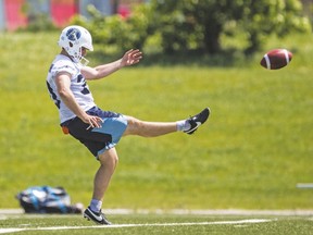 Argonauts kicker Lirim Hajrullahu gets in some punting practice during yesterday’s training camp workouts held at York University. (Ernest Doroszuk, Toronto Sun)