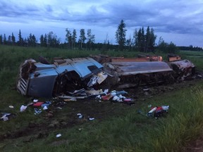 Saturday at approximately 9:30 p.m. Boyle RCMP responded to a semi roll over on Highway 63 at Township Road 634, 15kms south of Boyle. It is estimated that approximately 11,000 litres of oil has spilled into a ditch at the collision scene. A Hazmat Response team from Edmonton and Alberta Environment are on scene and clean up is now expected to last a few days. One lane of traffic alternating both north and southbound on the Highway will remain in effect. Drivers are asked to be careful when passing workers.  Photo supplied