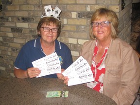 Seaforth Lions Club member and organizer of the Catch the Ace lottery/raffle, Cathy Elliott sold the first tickets to Maureen Agar for the July 5 draw.  With only 1000 tickets available for each weekly draw, she predicts them to sell out quickly. (Submitted photo)