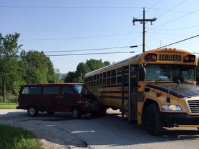About 20 kids were aboard a school bus that collided with a vehicle in Luskville Monday morning.