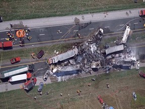 An aerial view of one of the crash zones on the Hwy. 401 left from the wreckage when thick fog descended on Sept. 3, 1999, at Lakeshore, near Windsor, fueling crashes that killed eight people and injured 45 others. (Postmedia News file photo)