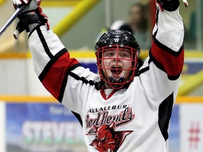 Wallaceburg Red Devils' Carter Hastings celebrates a second-period goal against the Welland Generals at Wallaceburg Memorial Arena in Wallaceburg, Ont., on Saturday, June 10, 2017. Mark Malone/Chatham Daily News/Postmedia Network