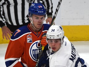 Oilers captain Connor McDavid (97) and Maple Leafs forward Auston Matthews (34) skate during first period NHL action in Edmonton on Nov. 29, 2016. The Oilers, Leafs and Canadiens are among the favourite from Canada to win the 2018 Stanley Cup. (Ed Kaiser/Postmedia Network/Files)