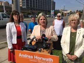 NDP leader Andrea Horwath flanked by MPPs Teresa Armstrong (left) and Peggy Sattler blast the Wynne governments record on health care funding on Monday. (HANK DANISZEWSKI, The London Free Press)