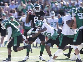 Saskatchewan Roughriders quarterback Vince Young goes to throw the ball during a mock game at SMF for the Riders Training Camp in Saskatoon on Saturday, June 3, 2017. (Saskatoon StarPhoenix/Kayle Neis)