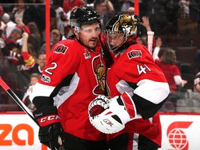 Craig Anderson #41 and Dion Phaneuf #2 of the Ottawa Senators after defeating the Pittsburgh Penguins with a score of 2 to 1 in Game Six of the Eastern Conference Final during the 2017 NHL Stanley Cup Playoffs at Canadian Tire Centre on May 23, 2017 in Ottawa, Canada. (Jana Chytilova/Freestyle Photo/Getty Images)