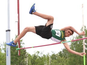 Dario Beljo, of Lockerby Composite School, competes in a pole vault event at the Royal Canadian Legion District H track and field meet at the track at Laurentian University in Sudbury, Ont. on Saturday June 10, 2017. John Lappa/Sudbury Star/Postmedia Network