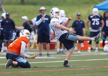 Toronto Argonauts Ronnie Pfeffer K (00) is back in the fold again-  after just being signed - at their practice facility at York Univeristy  in Toronto, Ont. on Monday June 12, 2017. Jack Boland/Toronto Sun/Postmedia Network