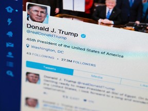 This April 3, 2017, photo shows President Donald Trump's tweeter feed on a computer screen in Washington. (AP Photo/J. David Ake, File)