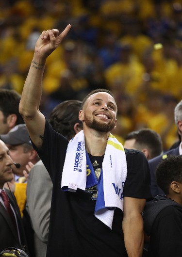 OAKLAND, CA - JUNE 12:  Stephen Curry #30 of the Golden State Warriors celebrates after defeating the Cleveland Cavaliers 129-120 in Game 5 to win the 2017 NBA Finals at ORACLE Arena on June 12, 2017 in Oakland, California. NOTE TO USER: User expressly acknowledges and agrees that, by downloading and or using this photograph, User is consenting to the terms and conditions of the Getty Images License Agreement.  (Photo by Ezra Shaw/Getty Images)