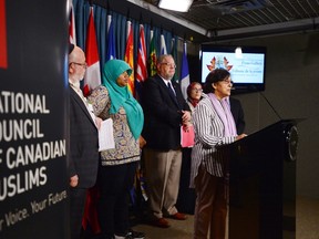 Farhat Rehman, Canadian Council of Muslim Women (CCMW) speaks during a press conference on Parliament Hill in Ottawa on Tuesday, June 13, 2017. The National Council of Canadian Muslims commented on the release of the latest annual police-related hate crimes data from Statistics Canada.(THE CANADIAN PRESS/Sean Kilpatrick)