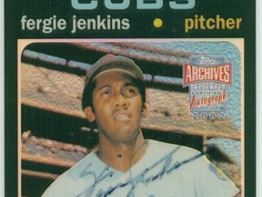 Fergie Jenkins as he appeared on an autographed Chicago Cubs baseball trading card, one of many he graced over a two-decade, big-league career.