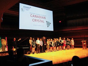 Thirty-seven students from 14 different Limestone District School Board schools performed at the Limestone Learning Foundation Canadian Crystal event announcement at the Isabel Bader Centre for the Performing Arts on Tuesday. The main event is set for Nov. 4. (Julia McKay/The Whig-Standard)