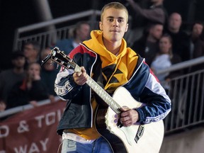 Justin Bieber performs during the One Love Manchester concert. (WENN.com)