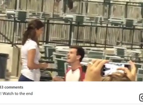 A marriage proposal gone wrong at a minor league baseball game (Instagram screen grab via tavinewton)