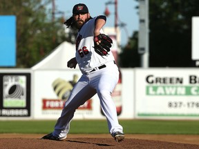 Winnipeg Goldeyes starting pitcher Zach Nuding delivers a pitch during American Association action against the Texas AirHogs at Shaw Park in Winnipeg on June 12, 2017. (Kevin King/Winnipeg Sun/Postmedia Network)