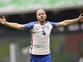US midfielder Michael Bradley celebrates after scoring against Mexico during their 2018 World Cup Concacaf qualifier football match, in Mexico City, on June 11, 2017. / AFP PHOTO / Pedro PARDOPEDRO PARDO/AFP/Getty Images
