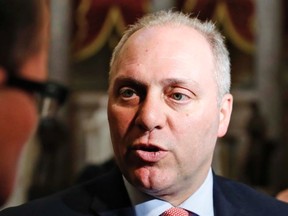 In this May 17, 2017 photo, Majority Whip Rep. Steve Scalise, R-La., speaks with the media on Capitol Hill in Washington. (AP Photo/Alex Brandon)