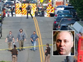 Police and emergency personnel are seen near the scene where House Majority Whip Steve Scalise of La., inset, was shot during a Congressional baseball practice in Alexandria, Va., Wednesday, June 14, 2017. (AP Photo/Cliff Owen)