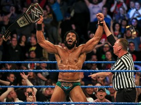 New World Wrestling Entertainment champion Jinder Mahal celebrates after defeating Randy Orton at Backlash in May to capture his first career title. (Ricky Havlik/SLAM! Wrestling)