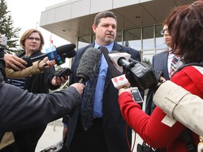 Crown Prosecutor Lloyd Stang speaks to media after day one of the sentencing trial for a teen who killed four people, in Meadow Lake, Sask., May 2017. (THE CANADIAN PRESS/Jason Franson)