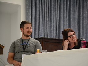 Kinesiologist Jason Wampler (left) and physiotherapist assistant Lyndsay Perkins present with seven other professionals who often deal with seniors at Whitecourt Seniors Circle on June 7 (Peter Shokeir | Whitecourt Star).