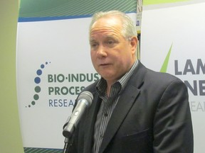 Sandy Marshall, executive director of Bioindustrial Innovation Canada, is shown in this file photo speaking at a community event. Bioindustrial Innovation Canada announced Wednesday the bio-chemical company Origin Materials plans to build a commercial scale demonstration plant in Sarnia by late 2018. (File photo)