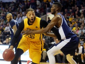 Royce White of the Lightning works against Renaldo Dixon had good success early going to the hoop against the Halifax Hurricanes during a game on June 5, 2017 in London, Ont. (MIKE HENSEN, The London Free Press)