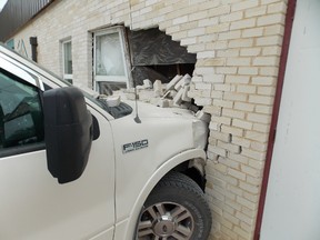 Carman RCMP responded to a report of a vehicle that drove into the side of a commercial building in Carman, Man., on Tuesday, June 13, 2017, at around 10 a.m. An 86-year-old male driver was backing up while attempting to avoid a closely parked vehicle beside him. The driver stepped on the accelerator rather than the brake while reversing and inadvertently put the vehicle in drive causing it to go forward, colliding with the building. The driver and an 80-year-old female passenger, both from Elm Creek, Man., were not injured in the collision. No one inside the building was injured. No charges will be laid. Carman is located just 40 minutes southwest of Winnipeg in the Pembina Valley.
HANDOUT/RCMP