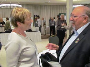 Anne Waddell, a vice-president with BioAmber, speaks with Sarnia-Lambton MPP Bob Bailey during a break Wednesday June 14, 2017 at the Sarnia-Lambton Bio-Industrial Symposium held at the Best Western Guildwood Inn in Point Edward. BioAmber built its first commercial-scale plant in Sarnia, and has plans for a second plant in North America.
(Paul Morden/Sarnia Observer)