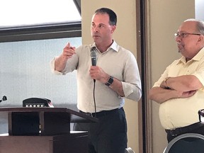 Dr. Sean Peterson, left, and Sarnia-Lambton MPP Bob Bailey address questions and comments from members of the Sarnia Lambton Medical Society Tuesday in Sarnia. (Submitted)