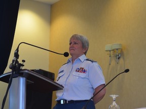 Lt.-Gen. Christine Whitecross delivers her keynote address on leadership to attendees of the 12th annual Kingston Conference on International Security at the Residence Inn By Marriot Kingston Hotel. (Joseph Cattana/For The Whig-Standard)