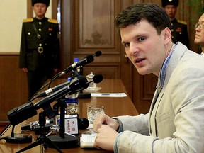 In this Feb. 29, 2016 file photo, American student Otto Warmbier speaks to reporters in Pyongyang, North Korea. Secretary of State Tillerson said Tuesday, June 13, 2017, that North Korea released the jailed U.S. university student (AP Photo/Kim Kwang Hyon, File)