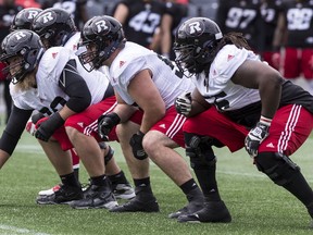 The offensive line during Redblacks training camp at TD Place on May 30, 2017. (Errol McGihon/Postmedia)