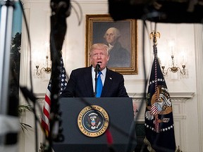President Donald Trump speaks in the Diplomatic Room of the White House in Washington, Wednesday, June 14, 2017, about the shooting in Alexandria, Va. where House Majority Whip Steve Scalise of La., and others, were shot during a Congressional baseball practice. (AP Photo/Andrew Harnik)