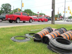 Construction pylons sit Thursday June 15, 2017  next to the London and Murphy roads intersection in Sarnia, Ont., set to be closed Monday for repaving work. Traffic is expectred to  be detoured around the intersection for a day, and then repaving is scheduled to continue east on London Road for approximately four weeks. (Paul Morden/Sarnia Observer)