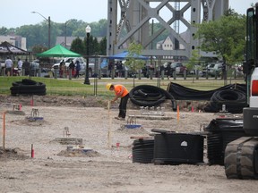 Work resumes on the splash pad in Point Edward with the first week of July as the targeted completion date. (NEIL BOWEN/Sarnia Observer)