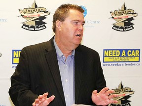 Marty Abrams is introduced as the new GM-coach of the Trenton Golden Hawks during a press conference Thursday at Community Gardens. (Tim Meeks/The Intelligencer)